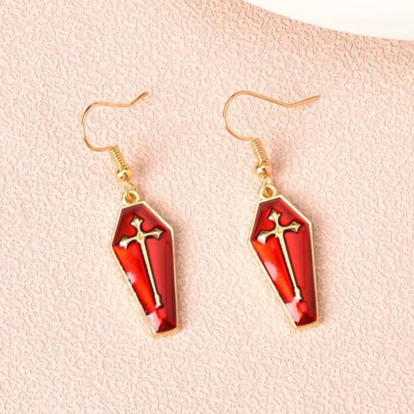 Gothic Halloween Red Cross Gold Dangled Earrings ❤️ - Picture 1 of 4